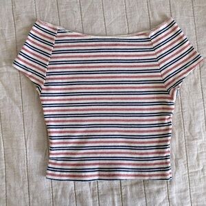 Brandy Melville - Striped Off the Shoulder Cropped Top in Cream, Pink, & Black